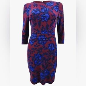 Lauren Ralph Lauren Madalia Floral Sheath Dress Burgundy/Blue with 3/4 Sleeves.